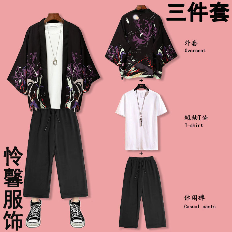 เสื้อคลุมกิโมโน พิมพ์ลายสุนัขจิ้งจอก เหมาะกับเดินชายหาด สไตล์ญี่ปุ่น แฟชั่นฮาราจูกุ สําหรับผู้หญิง และผู้ชาย  เสื้อคลุม  เสื้อสบาย ๆ 3 ชุด เสื้อยืด กางเกง - รูปที่ 2