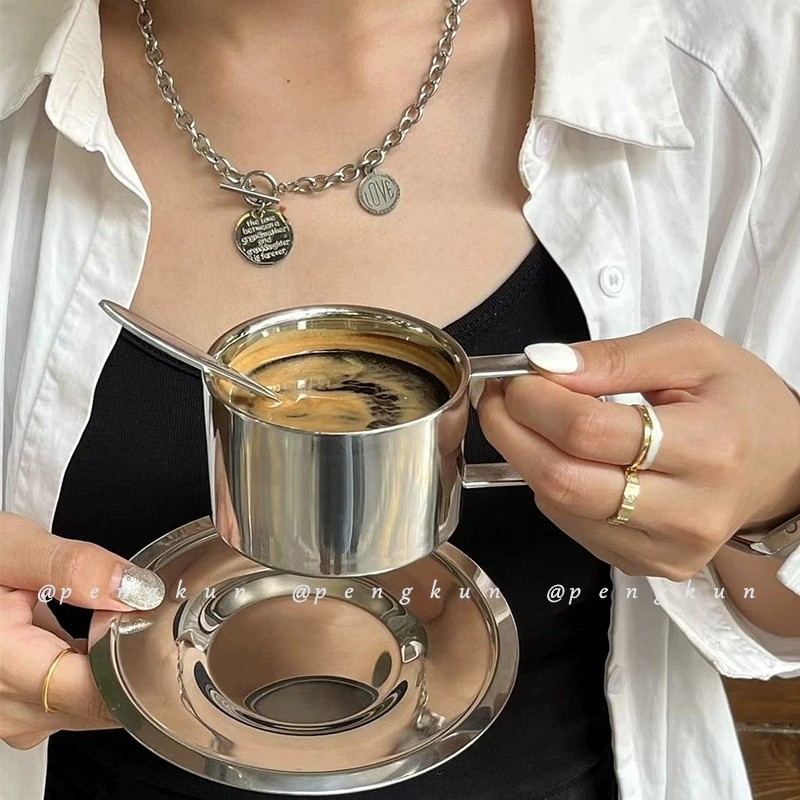 Niche ins สไตล์ถ้วยกาแฟสแตนเลสน้ําชายามบ่ายเย็นอเมริกันลาเต้ถ้วยกาแฟจานรองชุด Retro ประณีต ราคา ถูกที่สุด ดีลบีเคเค แกลเลอรีภาพที่ 8