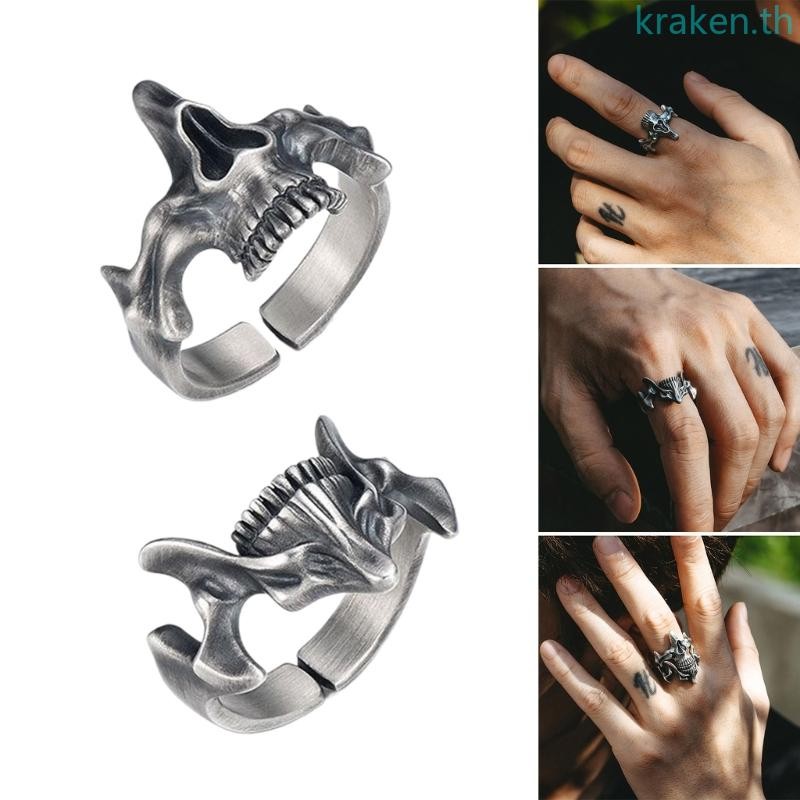Kra ผู้ชาย Gothic Punk Skull แหวน Punk Retro Gothic ผู้ชาย Skull แหวนเงินสีดํา Cool แหวนเครื่องประดั