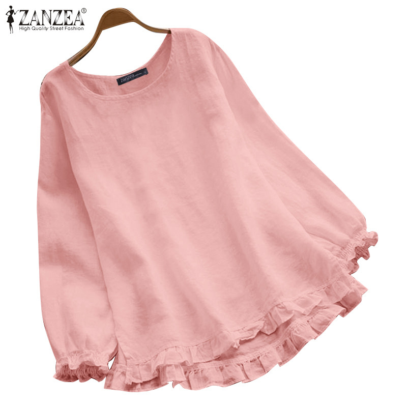 Zanzea ผู้หญิงเกาหลีลําลอง O-คอยาวแขนยาว Elasticized Cuffs Ruffle สีทึบเสื้อหลวม