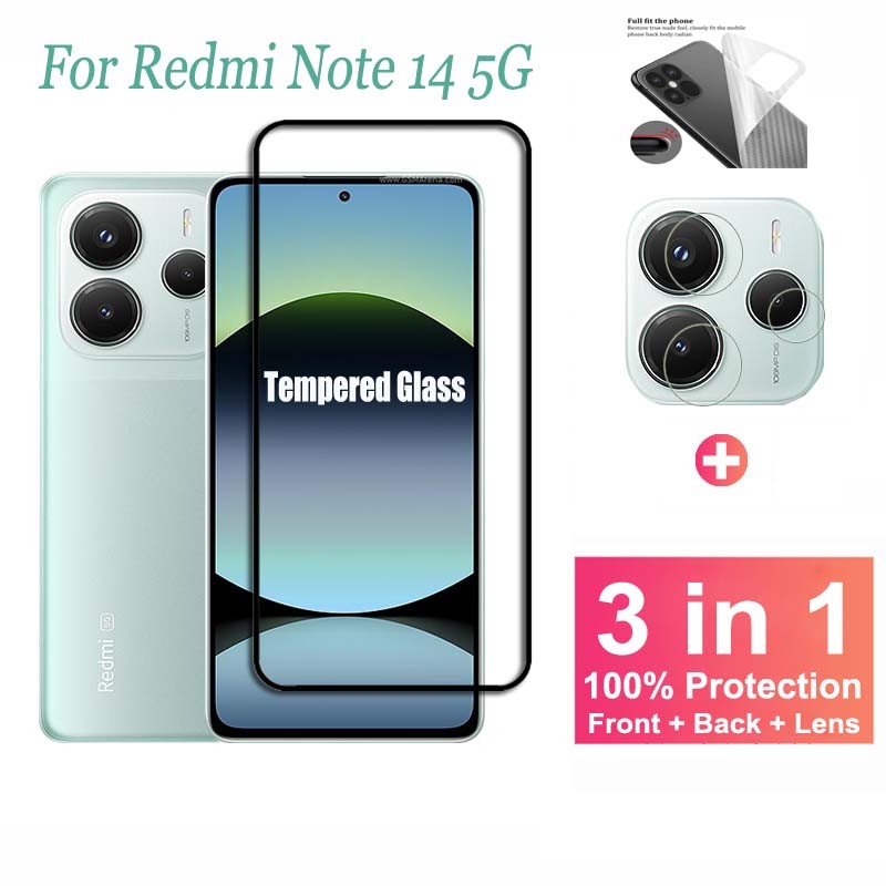 3 in 1 ป้องกันหน้าจอ กระจกนิรภัยเต็มรูปแบบสําหรับ Redmi Note 14 5G/4G, Note 13 12 11 Pro Plus 5G/4G พร้อมฟิล์มกล้องและฟิล์มด้านหลัง