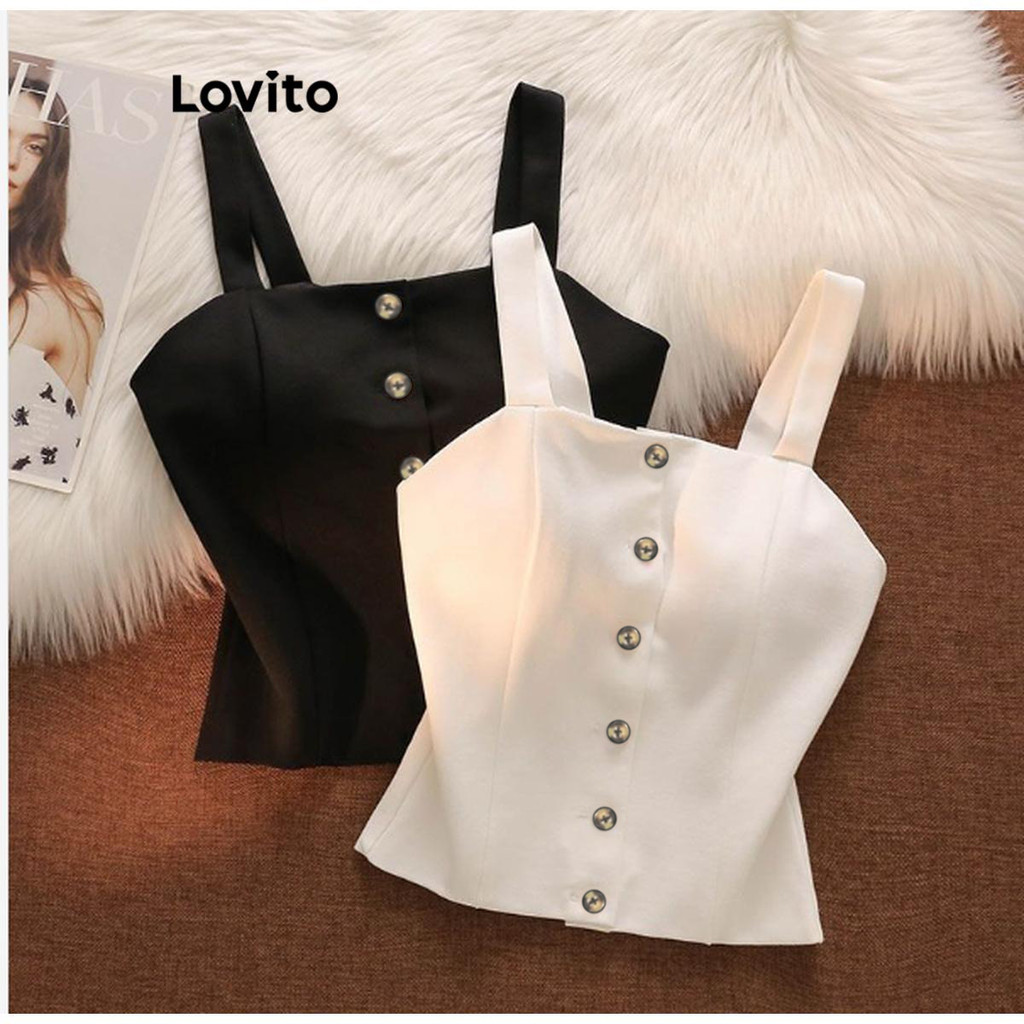 Lovito เสื้อแขนกุดผู้หญิง มีกระดุม สีพื้น สไตล์หรูหรา LNE69005