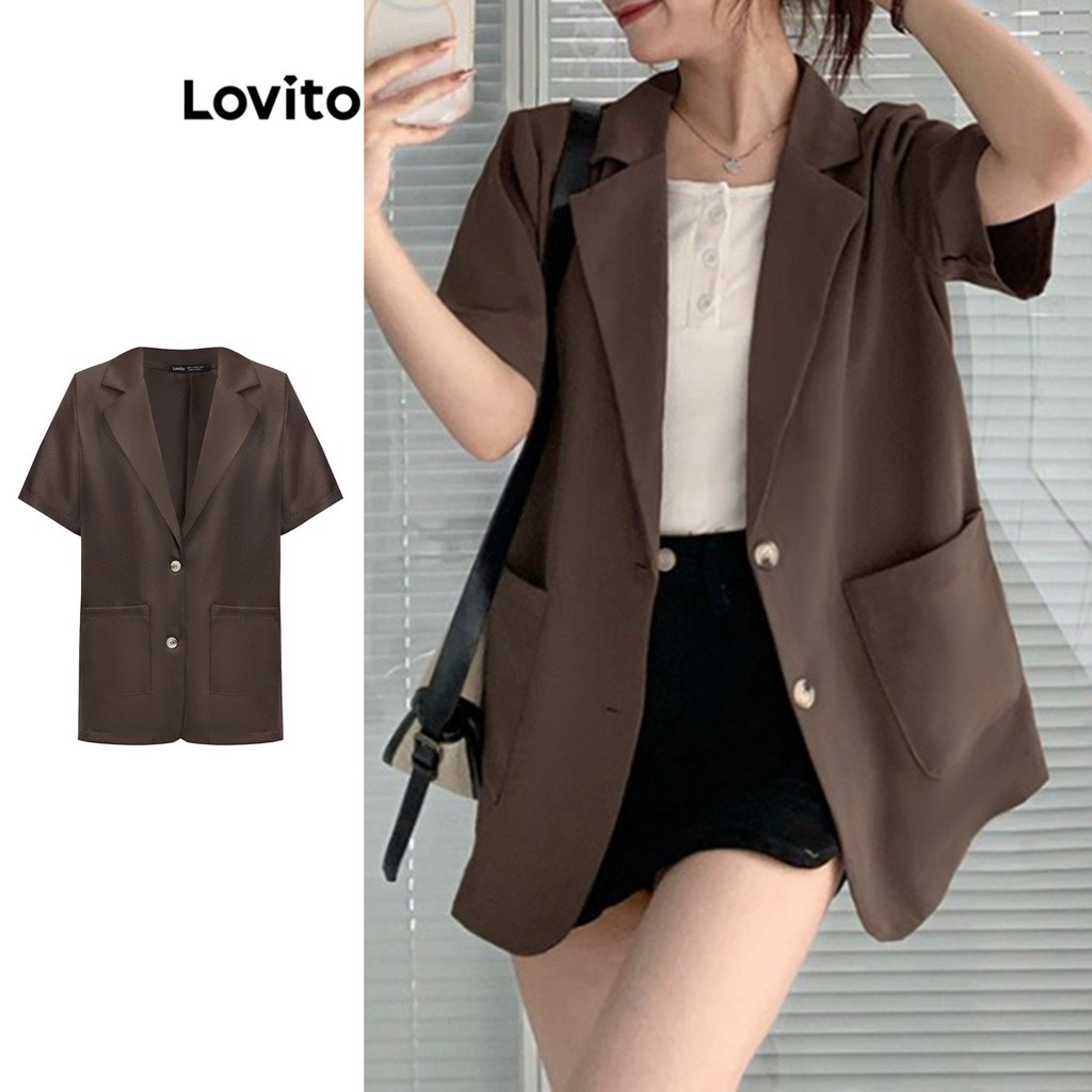 Lovito เบลเซอร์ผู้หญิง แต่งกระดุมหน้า แต่งกระเป๋า สีพื้น สไตล์ลำลอง LNA39045 (สีกาแฟ/สีแอปริคอท)