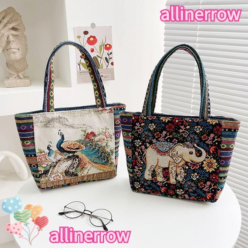 Allinerrow 1 ชิ้นกระเป๋าถือผ้าใบ,สัตว์สไตล์ชาติพันธุ์ช้างนกยูงกระต่ายเย็บปักถักร้อยกระเป๋า,แฟชั่นไหล่กระเป๋าอินเทรนด์ Tote กระเป๋าผู้หญิง