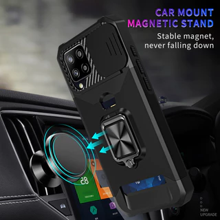 สําหรับ Samsung A42 5G / A12 กรณีฝาครอบกล้องเลื่อนผู้ถือบัตรแหวน Kickstand Heavy Duty ป้องกัน Slim ฝาครอบบาง
