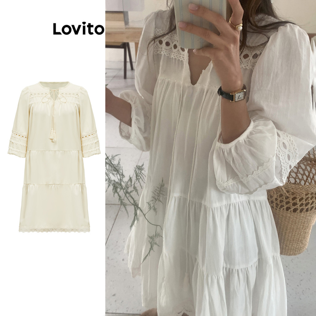 Lovito ชุดเดรสผู้หญิง แบบคัทเอาท์ เย็บแต่งลูกไม้ สีพื้น สไตล์ลำลอง LNA36041 (หลากสี)