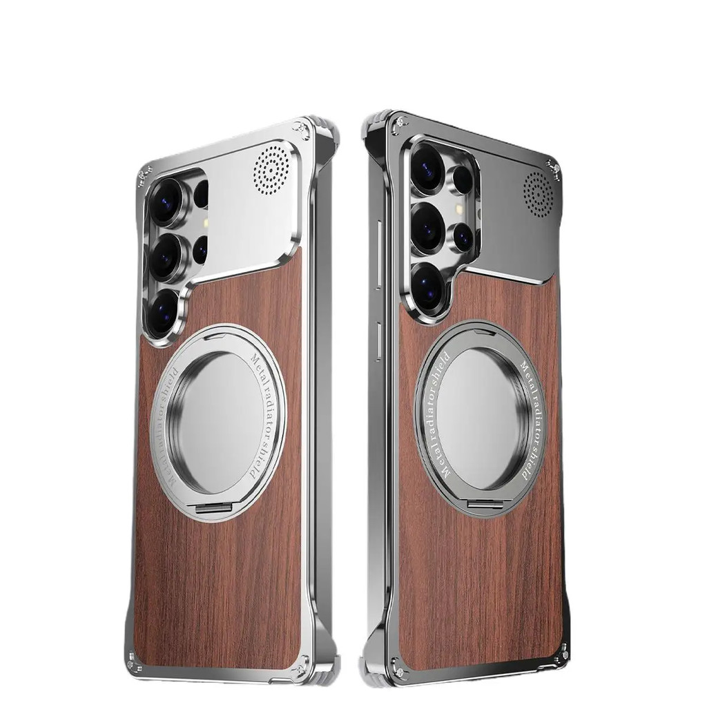 สําหรับ Samsung Galaxy S25 Ultra Case Magnetic Wood Texture Frameless Aluminium Alloy 360° วงเล็บโลหะกันกระแทก Proect ฝาครอบโทรศัพท์