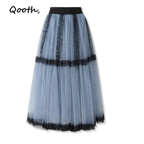 Qooth A-line Polka Dot Tulle กระโปรงยาวเอวสูงกระชับสัดส่วนกระโปรงแกว่งขนาดใหญ่แฟชั่นหรูหรา QT2604