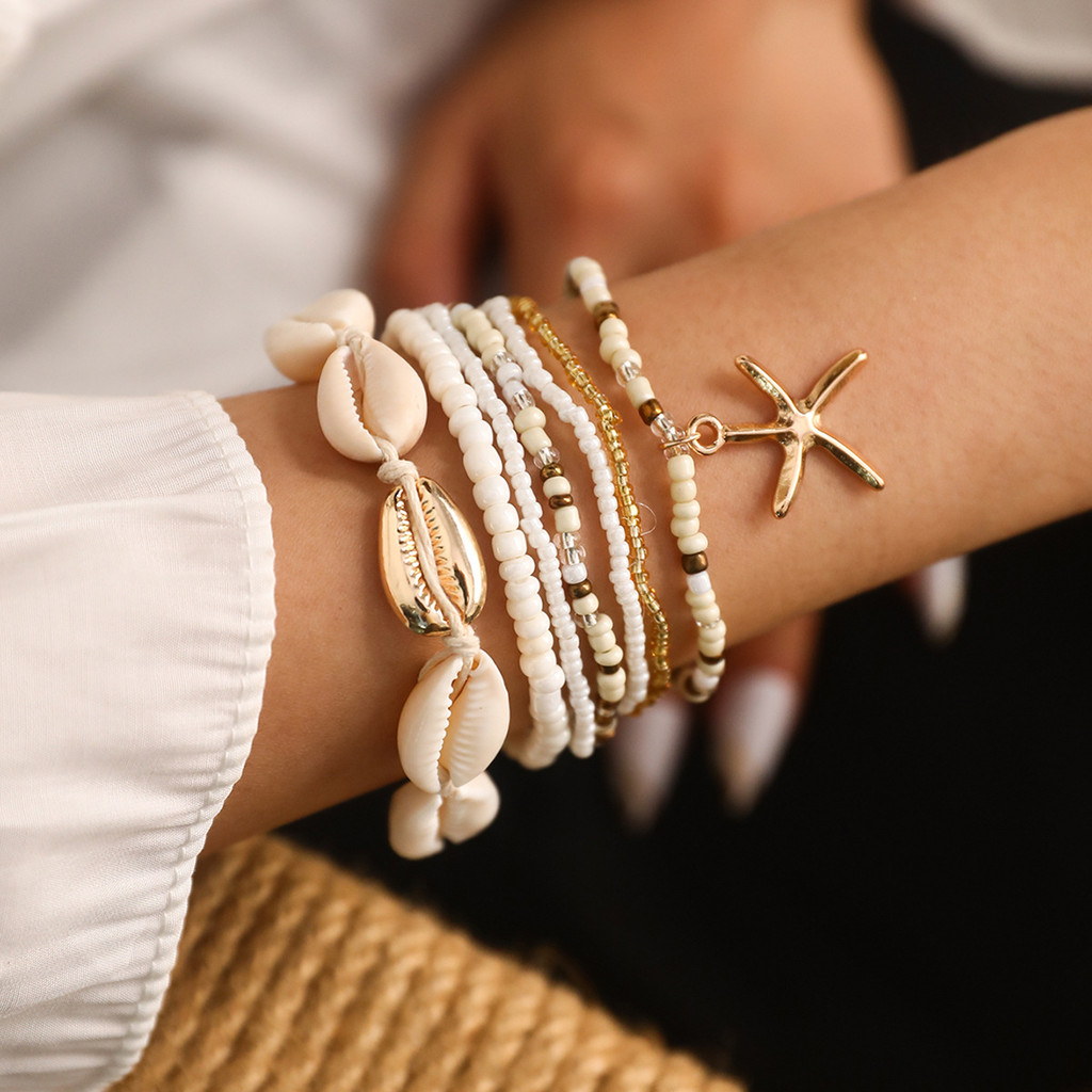 เซ็ตสร้อยข้อมือ.boho.7 ชิ้น แบบปลาดายน่ารัก สำหรับฤดูร้อนและ.beach.shells