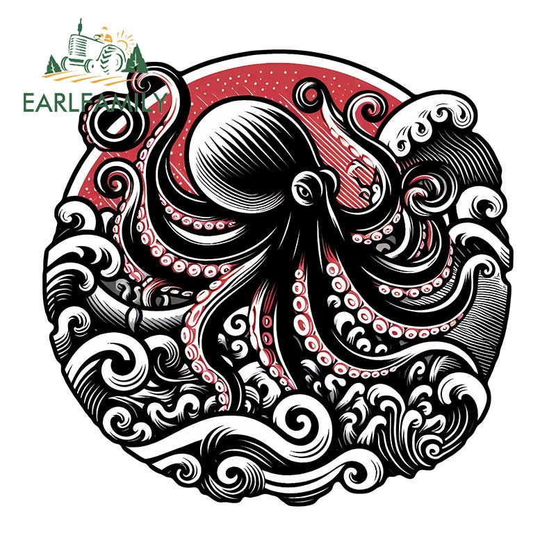 Earlfamily Octopus พร้อม Wave สติกเกอร์รถ Occlusion Scratch Caravan สเก็ตบอร์ดกระเป๋าเดินทาง Trunk JDM ไวนิล Decal กันน้ํา Racing อุปกรณ์เสริม
