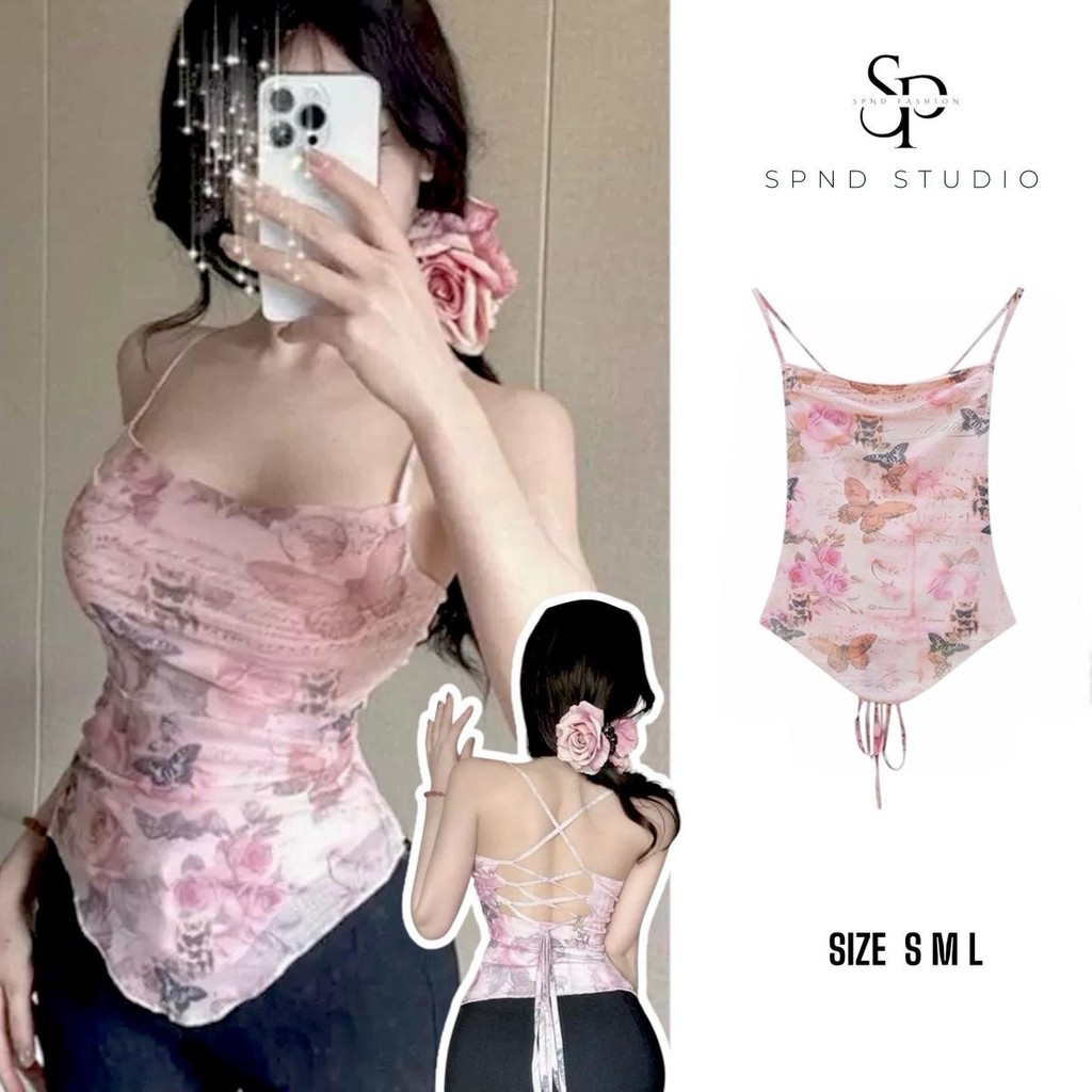 SPND【พร้อมส่ง】เสื้อสายเดี่ยวพิมพ์ลายผีเสือ โชว์หลัง แฟชั่น2025 (3039)