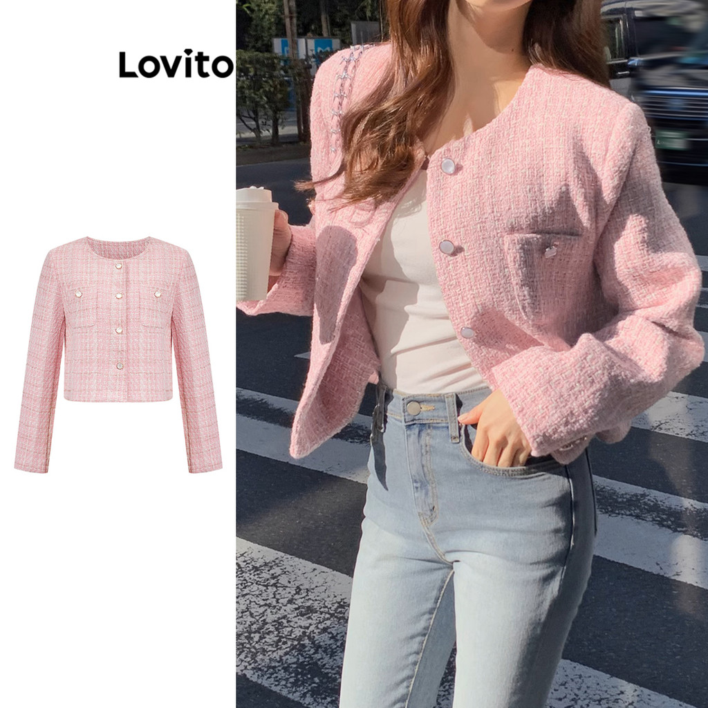Lovito เสื้อแจ็คเก็ตลายกิงแฮมพร้อมกระเป๋าหน้าติดกระดุมสุดน่ารักสำหรับผู้หญิง L110AD028
