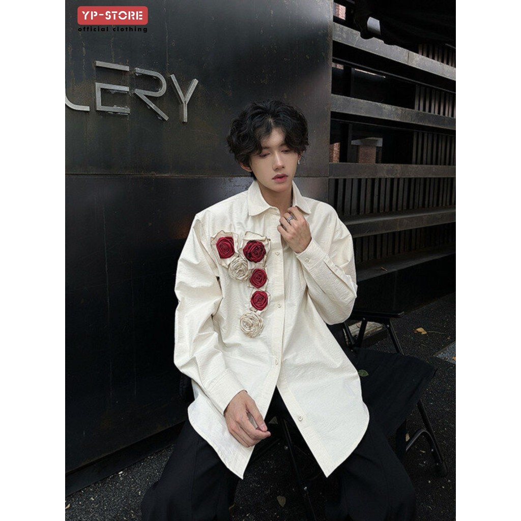 สามมิติ Hand-Burning Rose งานแต่งงานเสื้อแขนยาวผู้ชายฤดูใบไม้ผลิฤดูใบไม้ร่วงสไตล์ High-End Design Feel Niche Ruffian