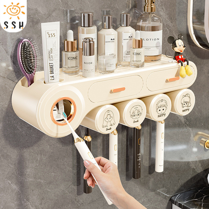 ที่บีบยาสีฟันอัตโนมัติ ที่ใส่แปรงสีฟัน แบบติดผนัง แบคทีเรียไม่ขยายตัวง่าย ติดตั้งง่าย