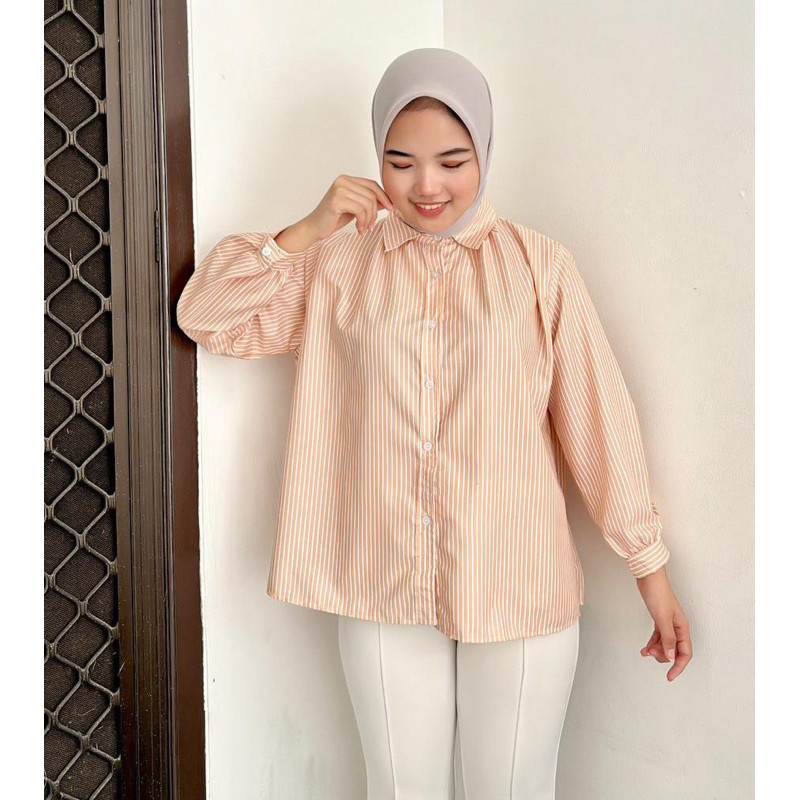KEMEJA T&X Fashion Jumbo Womens Striped SHIRT / MEVE SHIRT / Large Womens Striped Long Sleeve Casual
