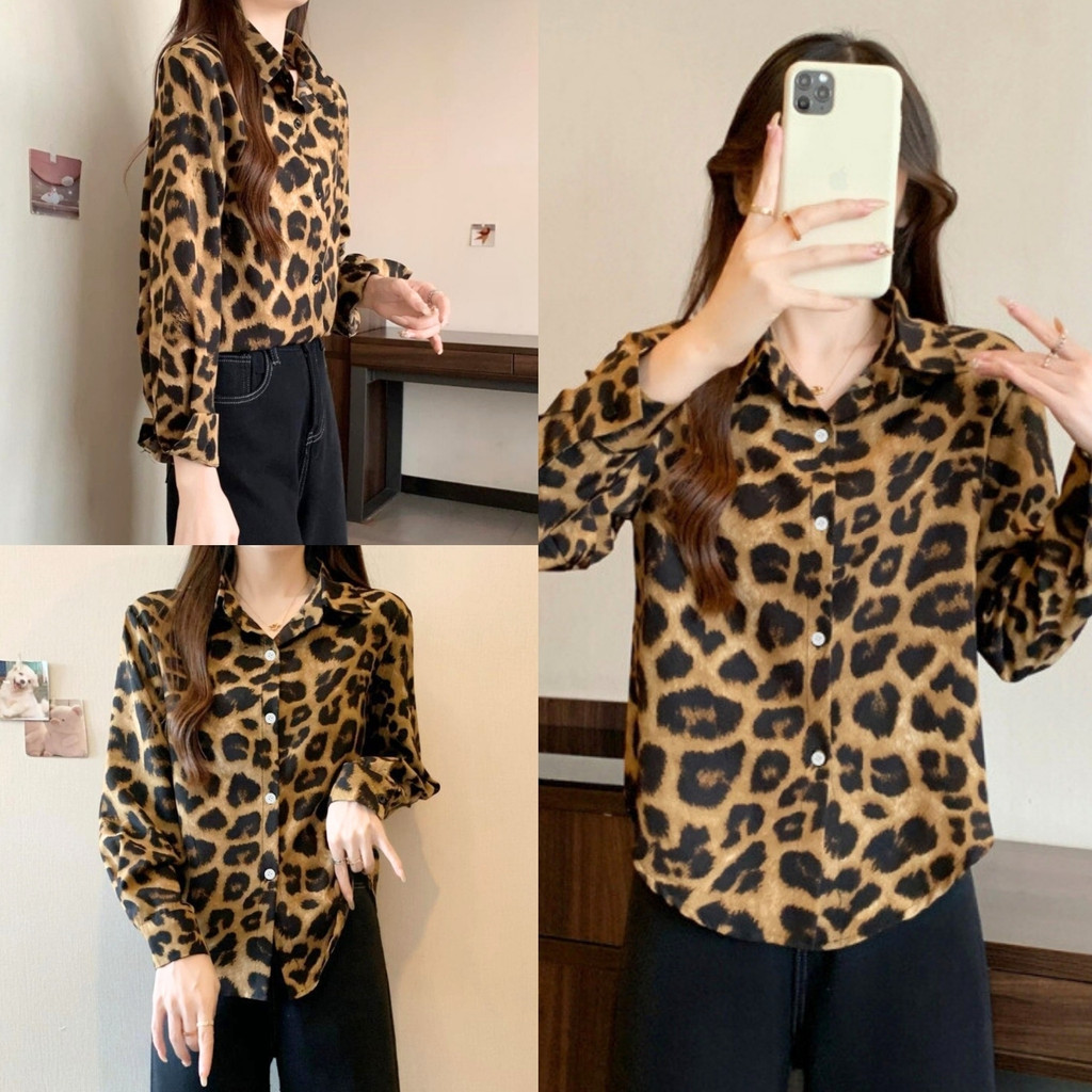 ราคาถูกที่สุด เสื้อเชิ้ตลายเสือดาวแพทเทินใหญ่ แขนยาว คอปก มีกระดุมและเป๋าหน้า