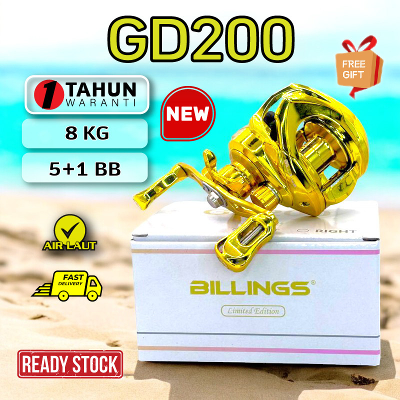 ใหม่ BILLINGS GD200 LIMITED EDITION GOLD BAITCASTING FISHING REEL MESIN PANCING BC POWERFULL DRAG