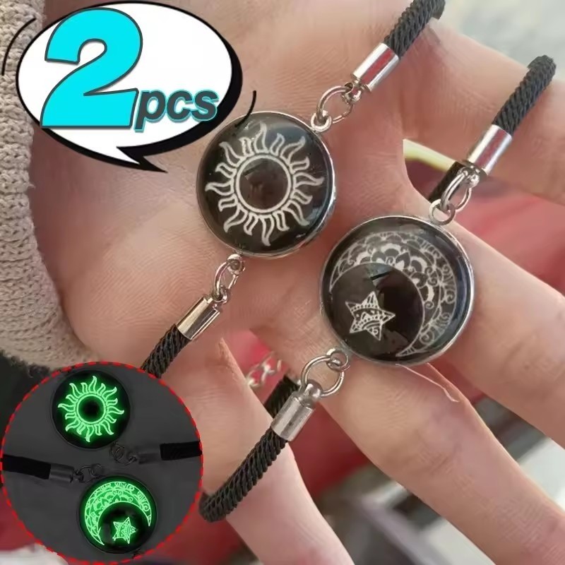 EZY 2 ชิ้น Luminous สร้อยข้อมือคู่ Sun Moon สร้อยข้อมือสีดําปรับได้มิตรภาพแฟชั่นเครื่องประดับโรแมนติกของขวัญวันเกิดใหม่