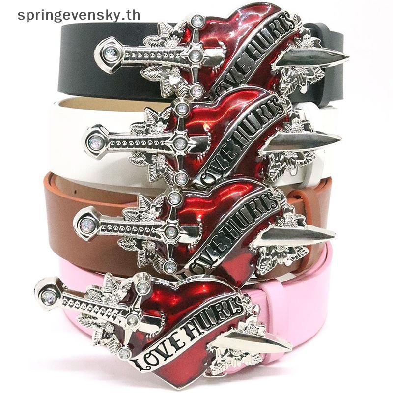 Springevensky Goth Y2K Red Heart Arrow Love Hurts Buckle เข็มขัดหนัง PU ผู้หญิงผู้ชายแฟชั่นกางเกงยีน