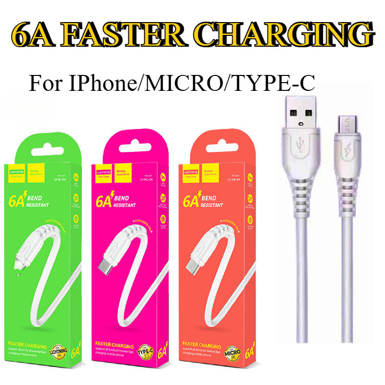 สายชาร์จ USB ชาร์จเร็ว 6A รุ่นใหม่ สายชาร์จ MICRO TYPE-C IP สายยาว 1เมตรสาย USB FASTER CHARGING ของแ