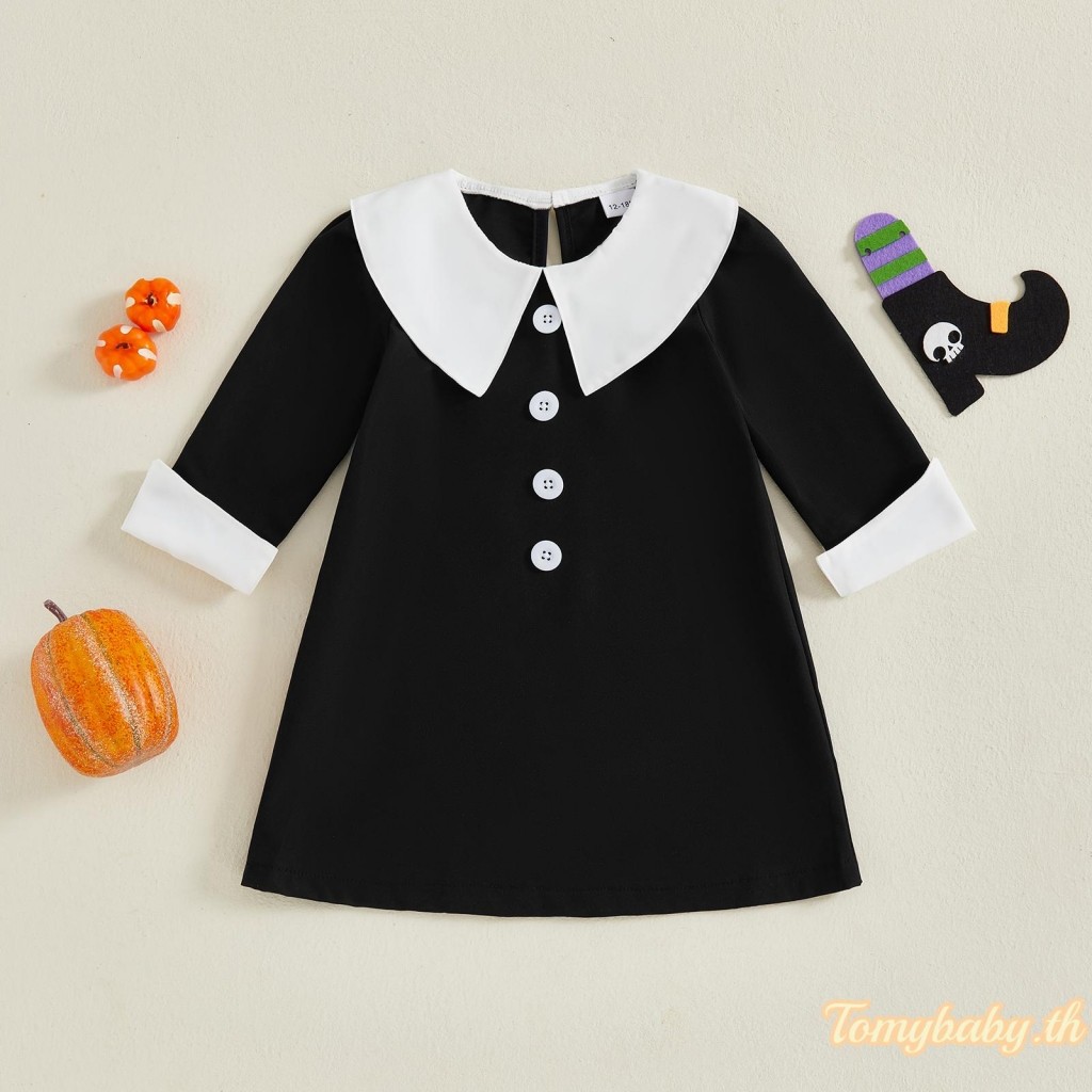 Tomybaby-เดรสเด็กผู้หญิงแฟชั่นสีตัดกันแขนยาวคอตุ๊กตาเดรสทรงเอ