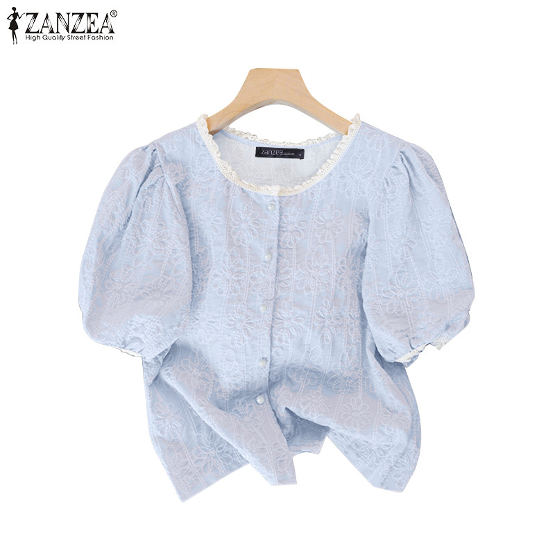 ZANZEA ซานเซีย สไตล์เกาหลีฝรั่งเศส เสื้อลูกเรือคอพัฟแขนลูกไม้สำหรับผู้หญิง