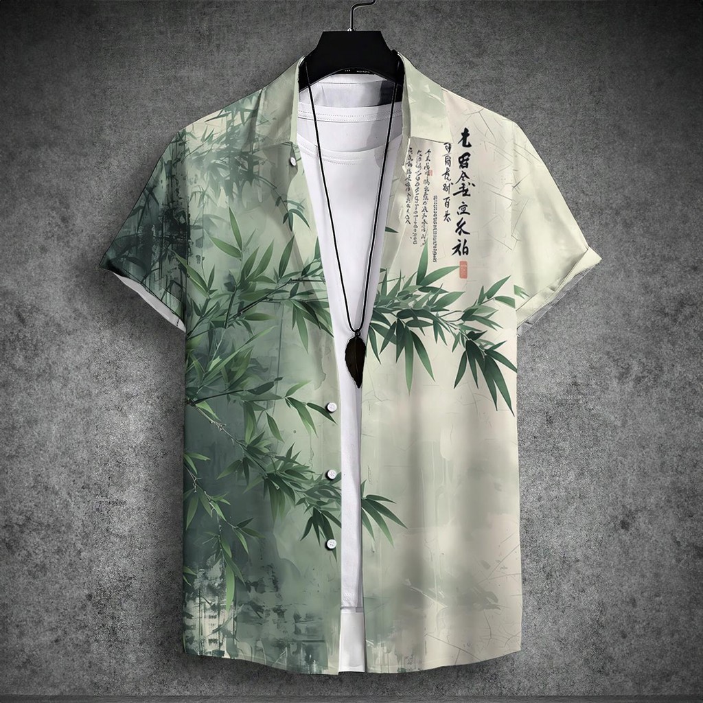 เสื้อเชิ้ตแขนสั้นผู้ชาย สไตล์จีน พิมพ์ลายฮาวาย ขนาดใหญ่ เหมาะสำหรับสวมใส่สบายในวันพักผ่อน