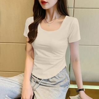 เสื้อยืดผู้หญิง เสื้อยืดคอยู สีทึบ เซ็กซี่ แขนสั้น ผิดปกติ ท็อปส์ซูผ้าฝ้าย แสดงผอม เสื้อยืดสาวอวบ เสื้อโอเวอร์ไซส์