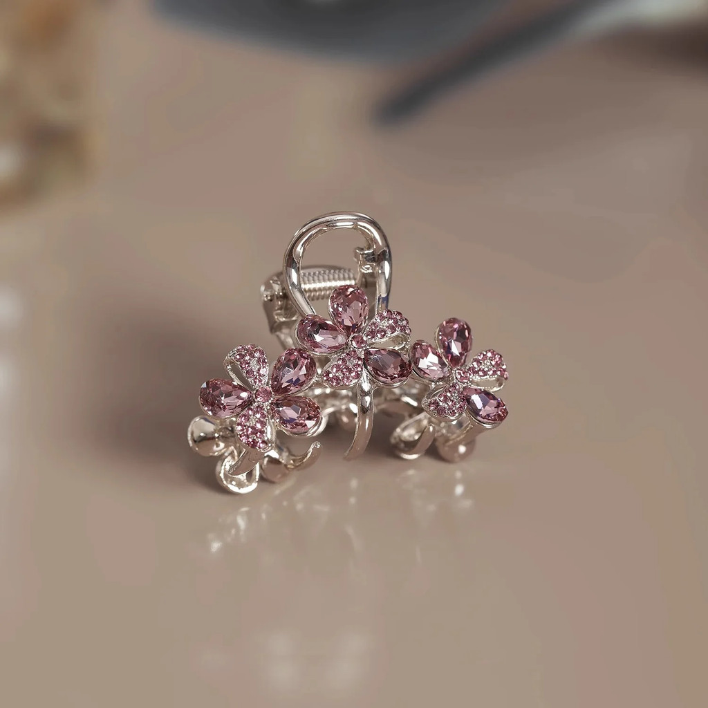 กิ๊บติดผมดอกไม้ Rhinestone สีม่วง สำหรับผู้หญิง พร้อมครึ่ง.tie ผม grip สไตล์เกาหลีหรูหรา