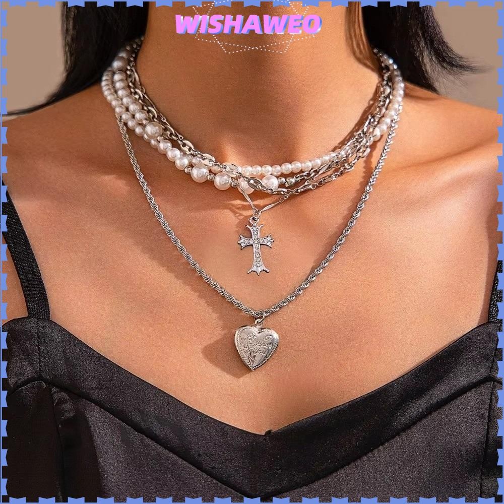 WISHAWEO สร้อยคอ.Multi-layer Design Pearl Choker 4 ชิ้น ปรับรูปหัวใจ แฟชั่นเสื้อกันหนาว