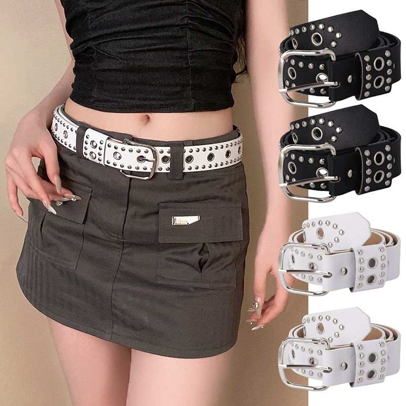 Gothic Punk Style Hip Hop Trends เข็มขัดคาดเอว - แฟชั่น Cool Rivet Inlay หนัง PU Girdle
