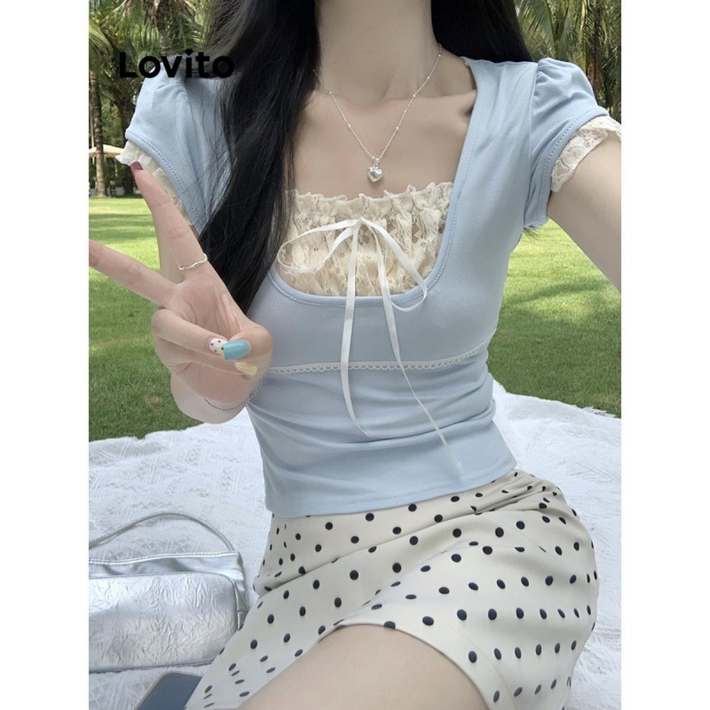 Lovito เสื้อยืดโบว์ธรรมดาสำหรับผู้หญิง LNE75531