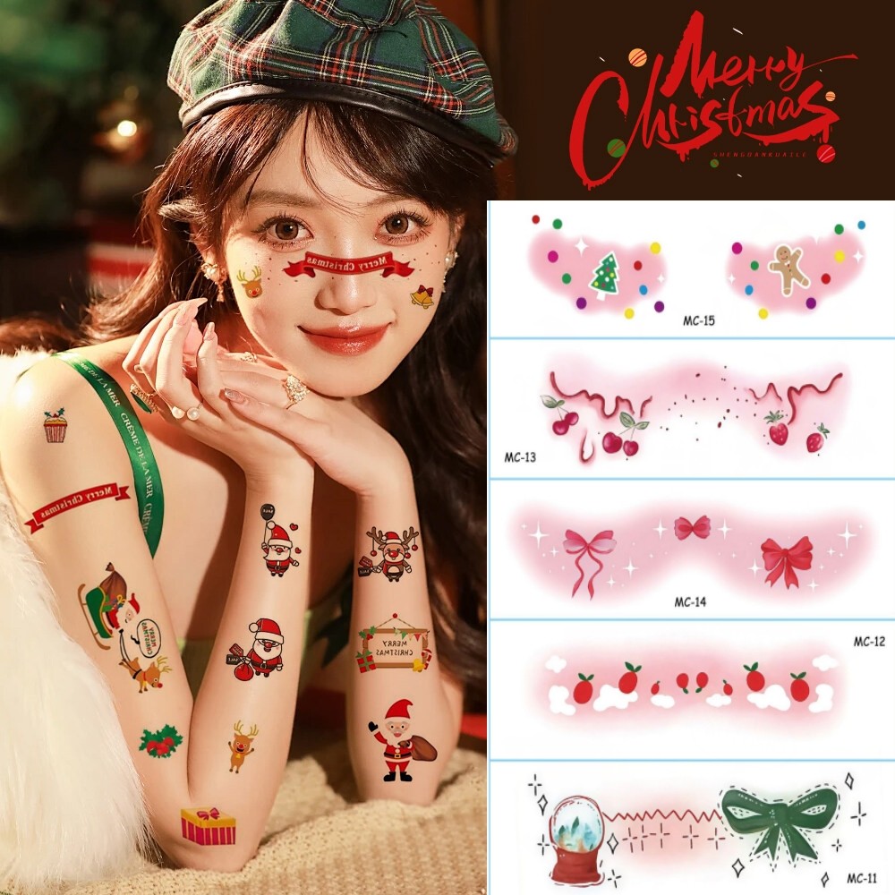 สติ๊กเกอร์ คริสต์มาส สักใบหน้า รูปแบบการ์ตูน กันน้ำ ยั่งยืน แต่งหน้าคริสต์มาส สติ๊กเกอร์ใบหน้า Chris