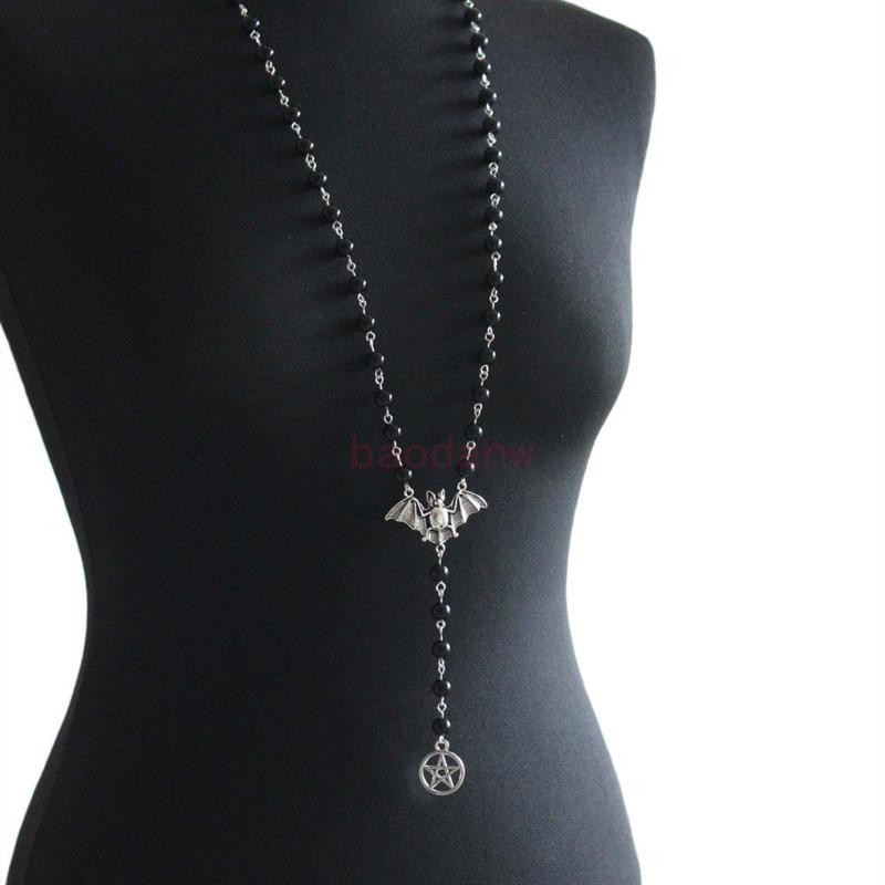 Bdw เงิน Flying Bat Pentagram สร้อยคอลูกประคําสีดํา เครื่องประดับโกธิค
