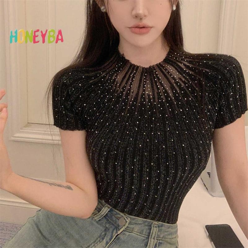 <Honeyba> ครึ่งคอเต่า O คอ Slim ถักเสื้อผู้หญิง Diamonds เสื้อยืดแขนสั้น Casual Tee เสื้อ Nice