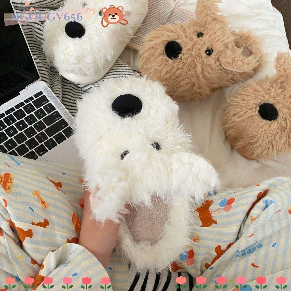 Hgougv656 รองเท้าผ้าฝ้าย, รองเท้าแตะฤดูหนาวกันลื่นแบบหนา, รองเท้าแตะขนฟูอุ่นการ์ตูนในร่ม