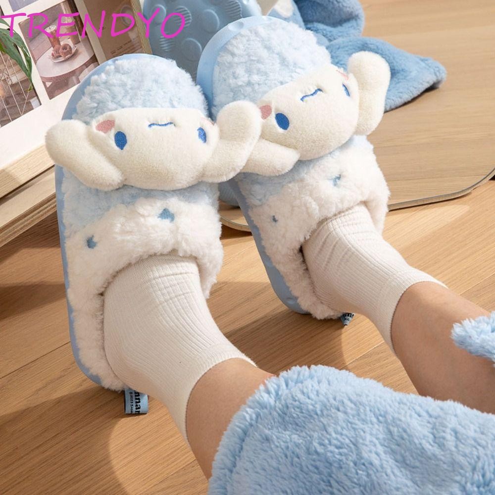 Trendyo รองเท้าแตะตุ๊กตาอะนิเมะ, รองเท้าแตะขนปุยฤดูหนาว Kuromi Kitty Cinnamoroll, น่ารักห้องนอนหอพักนักเรียนบ้านรองเท้าแตะรองเท้าหญิง