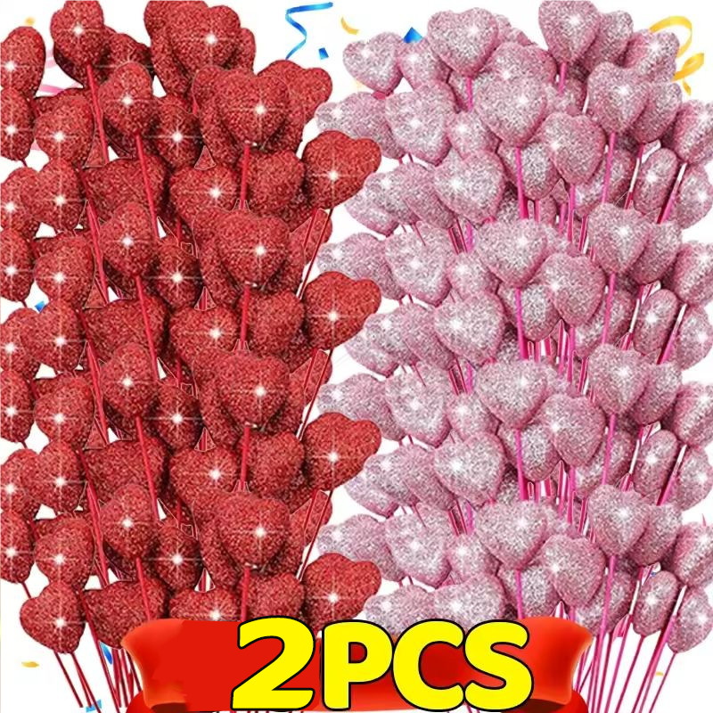 Love Heart Insert Sticks - บรรยากาศโรแมนติก Dress Up Props - งานแต่งงานวันเกิดตกแต่งเค้ก - 2 ชิ้น Glitter Heart Picks Stick - อุปกรณ์วันวาเลนไทน์