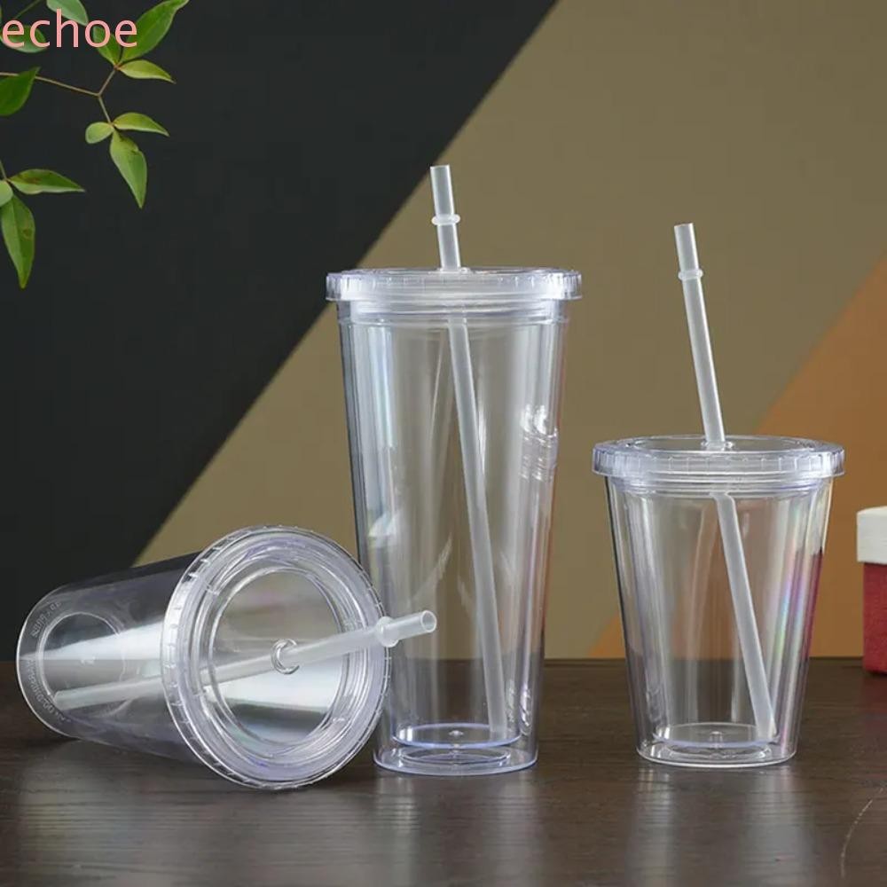 ขวดน้ํา ECHOEDGE, แก้วใสสองชั้น, ถ้วยสมูทตี้พร้อมฝาปิดและฟาง 350/450/650ml พลาสติกถ้วยกาแฟเย็นนม