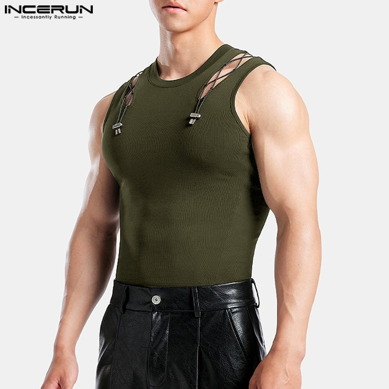 Incerun ผู้ชายเกาหลีแฟชั่น Scooped Patchwork ออกแบบเสื้อแขนกุด