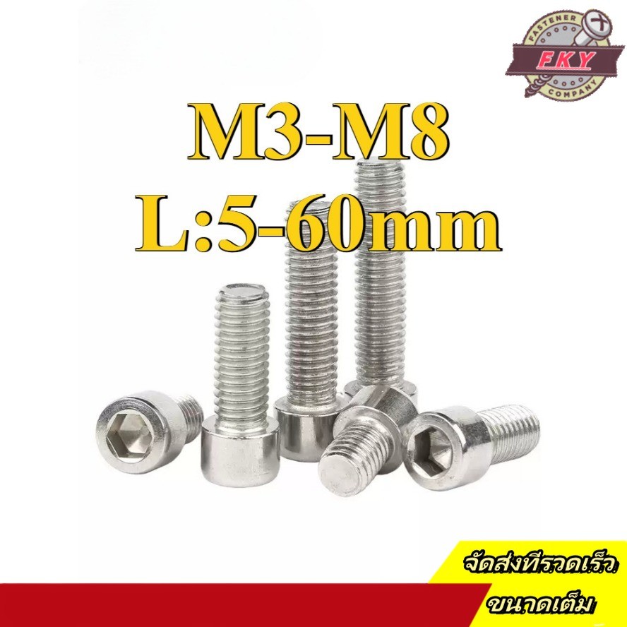 น็อต สกรู หัวจม สแตนเลส 201 เกลียวมิล  / Hex Socket Head Cap Machine Screw M3/M4/M5/M6/M8 * L5-60 มม. (FKY-RM-TH-1)