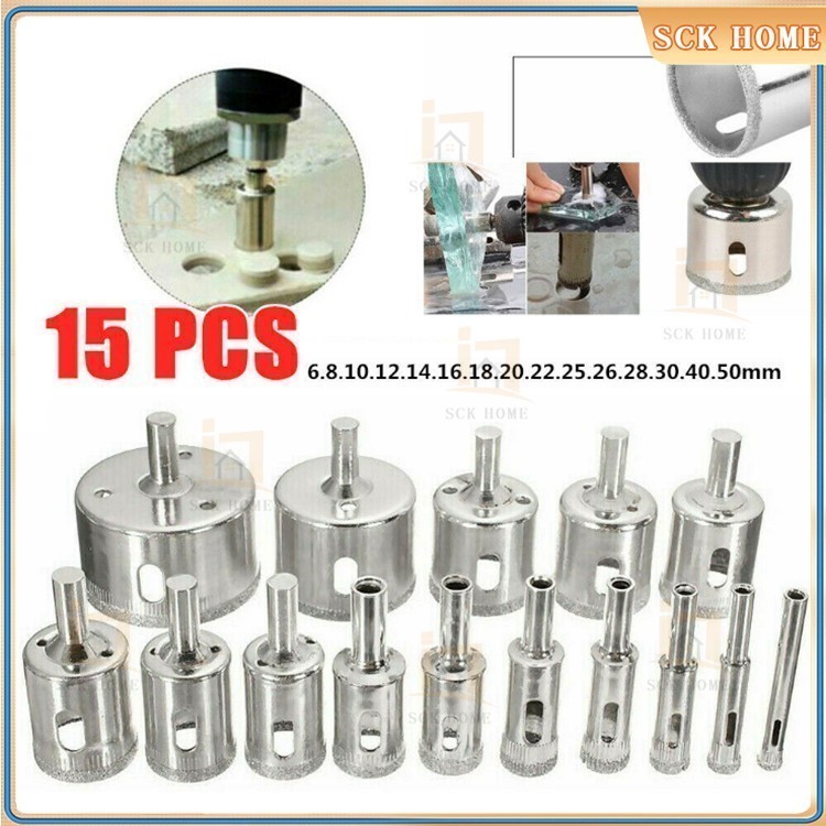 15PCS. ดอกเจาะกระจก กระเบื้อง หินแกรนิต ชุด15ดอก 6-50มิล โฮลซอ สว่าน หัวเพชร