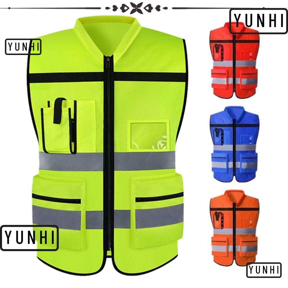 YUNHI Safety Vest, เสื้อกั๊กสะท้อนแสงสำหรับผู้ชายและผู้หญิง พร้อมซิปกับกระเป๋า เหมาะสำหรับงานก่อสร้าง