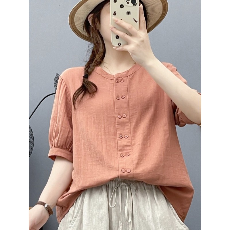 เสื้อผ้าฝ้าย 100% คุณภาพสูงสําหรับผู้หญิงฤดูร้อนปุ่มสองแถวเสื้อคอกลมลําลองและอเนกประสงค์เสื้อแขนห้าส่วนผู้หญิง