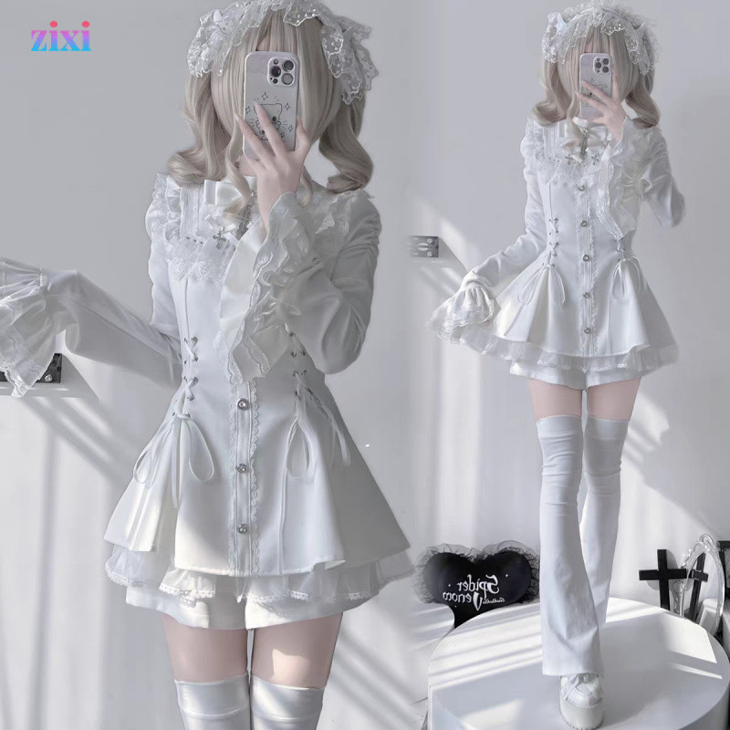 Sweet Lolita Bow Lace Long Sleeve Short Dress Fashion เอว Slimming Dark Style Dress