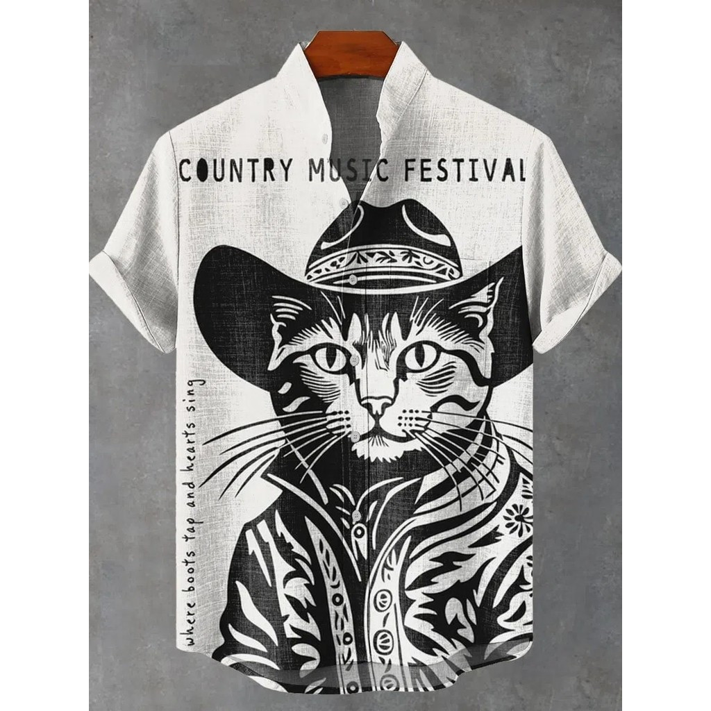 เสื้อแขนสั้นผู้ชายสไตล์ญี่ปุ่น ลายพิมพ์ Art Cat retro ทำจากผ้าลินิน สไตล์คัสตอม สีเรียบ สำหรับฤดูร้อน