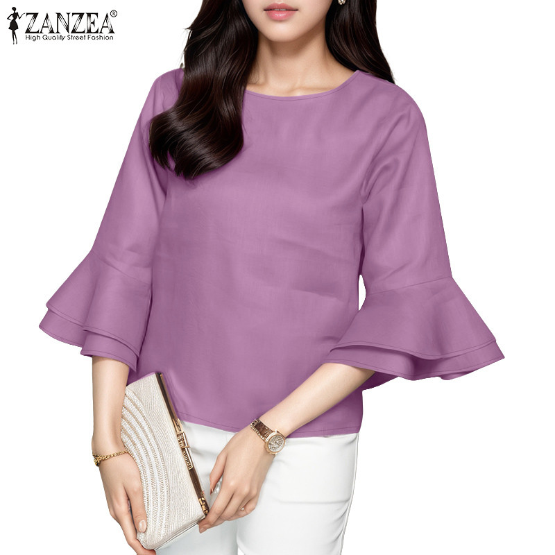 ZANZEA ผู้หญิงแฟชั่นเกาหลี แขนเสื้อ 3/4 ระบายรอบคอ สีทึบ