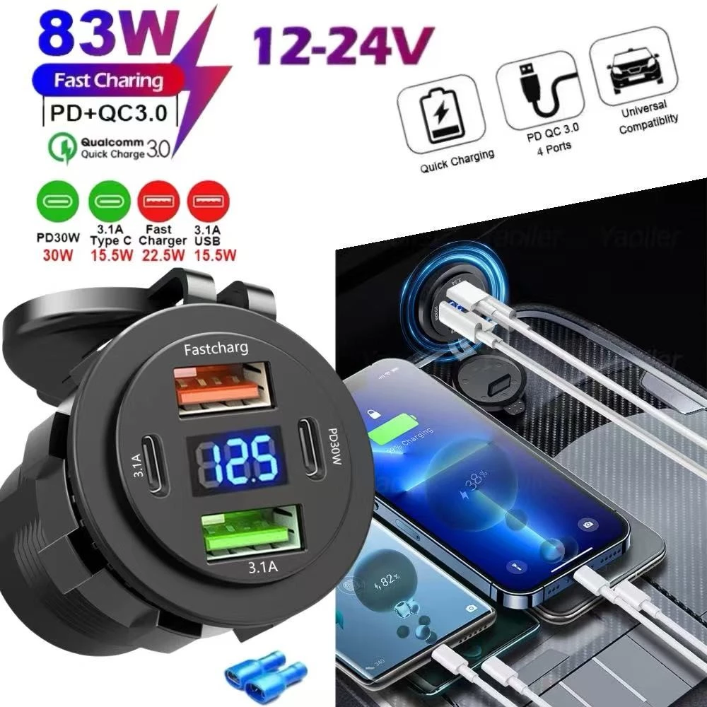 ใหม่ 83W Dual PD Type-C Dual QC3.0 USB Car Charger Socket พร้อมโวลต์มิเตอร์ Power Outlet Adapter กันน้ําสําหรับ 12 V/24 V RV รถเรือ