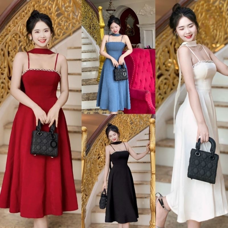 เดรสบานประดับหิน 2 สายคุณภาพสูงพร้อมคล้องคอแบบถอดได้ - TKO GIVES BEAUTIFUL EARRINGS AT THE FACTORY P