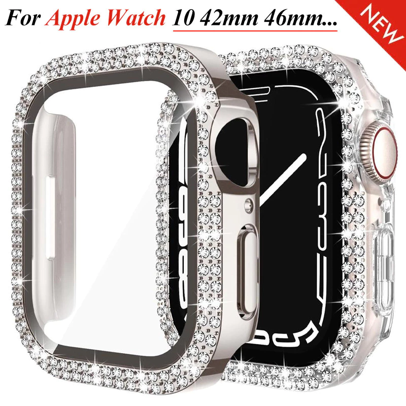 แก้ว + เพชรฝาครอบกรณีหน้าจอ Protetcor สําหรับ Apple Watch Series 10 42/46/40/44/41 มม.45 38 มม.49 มม.Bling PC กันชนกระจกนิรภัย iWatch Ultra 2 9 3 5 6 7 8 Se 4